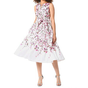 Cherry Blossom Print Dupioni Midi Dress Sz 16 Split Boat Neck Sash Belt New